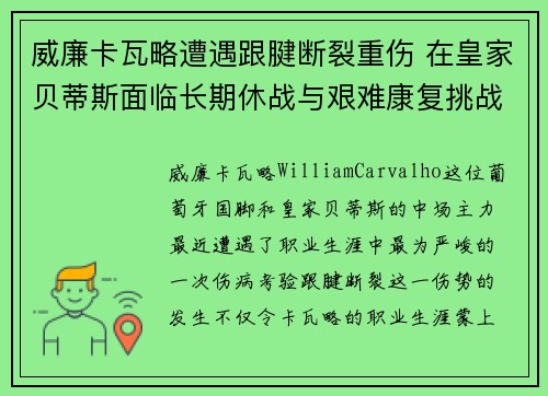 威廉卡瓦略遭遇跟腱断裂重伤 在皇家贝蒂斯面临长期休战与艰难康复挑战 威廉卡瓦略遭遇跟腱断裂重伤 在皇家贝蒂斯面临长期休战与艰难康复挑战