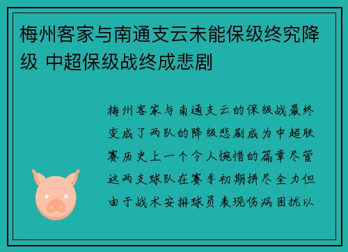 梅州客家与南通支云未能保级终究降级 中超保级战终成悲剧 梅州客家与南通支云未能保级终究降级 中超保级战终成悲剧